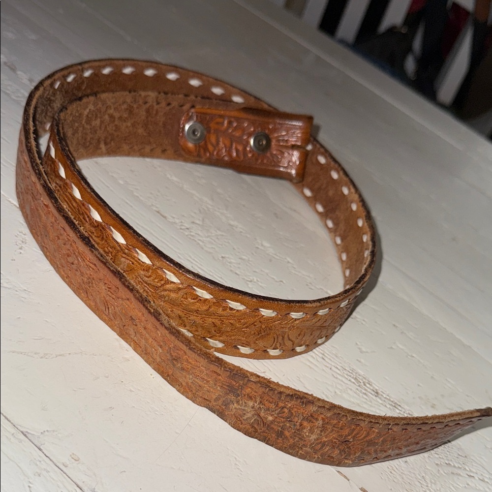 Vintage 70s hand tooled Brown Leather Belt with White Stitching made in Canada